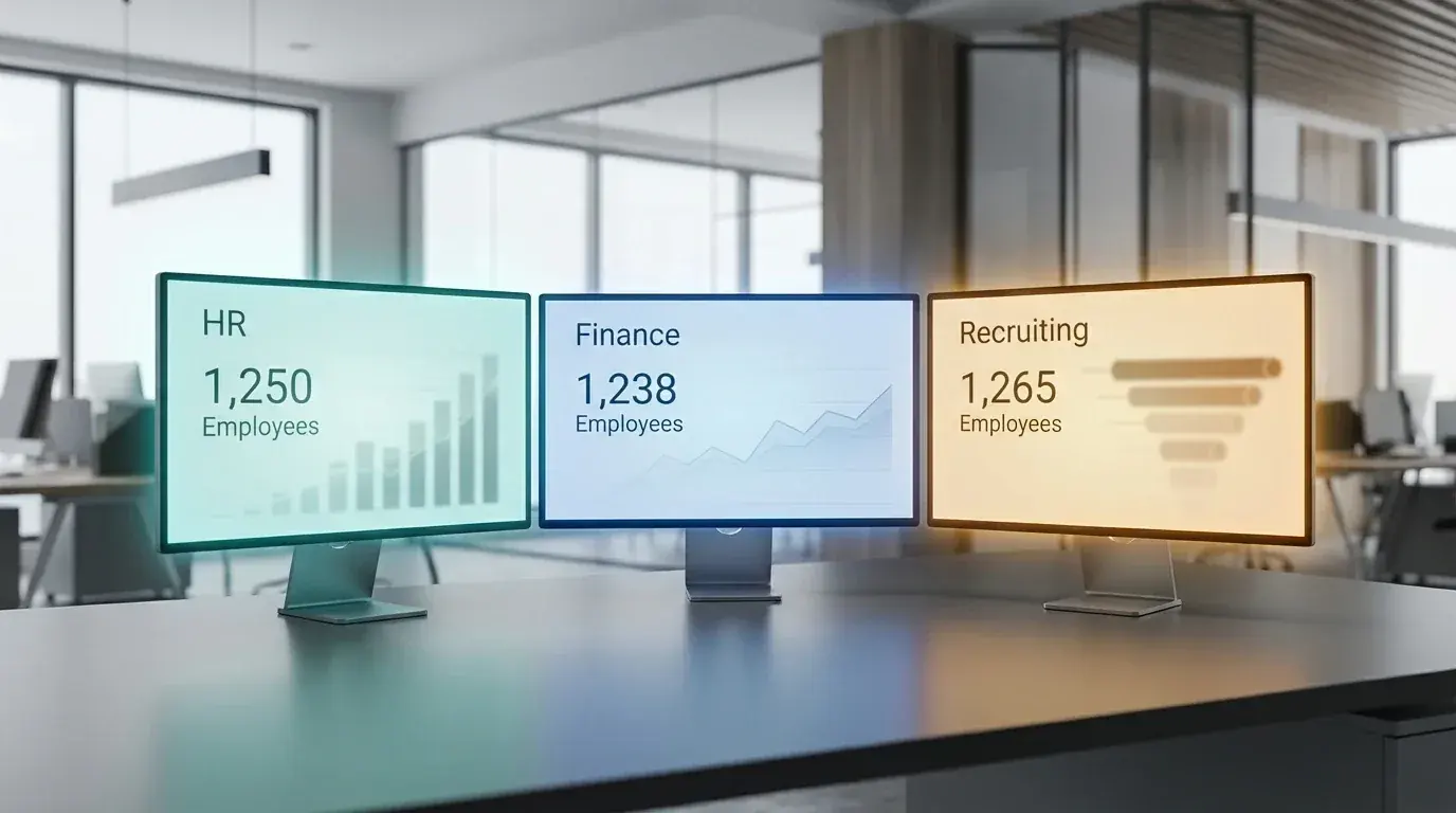 Three monitors each showing a different headcount number