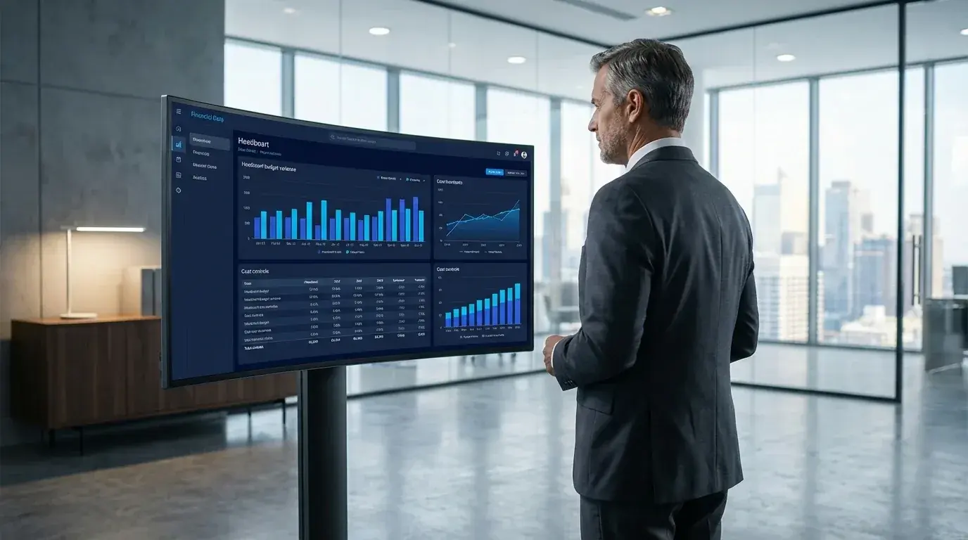 A CFO examining budgets on a large monitor