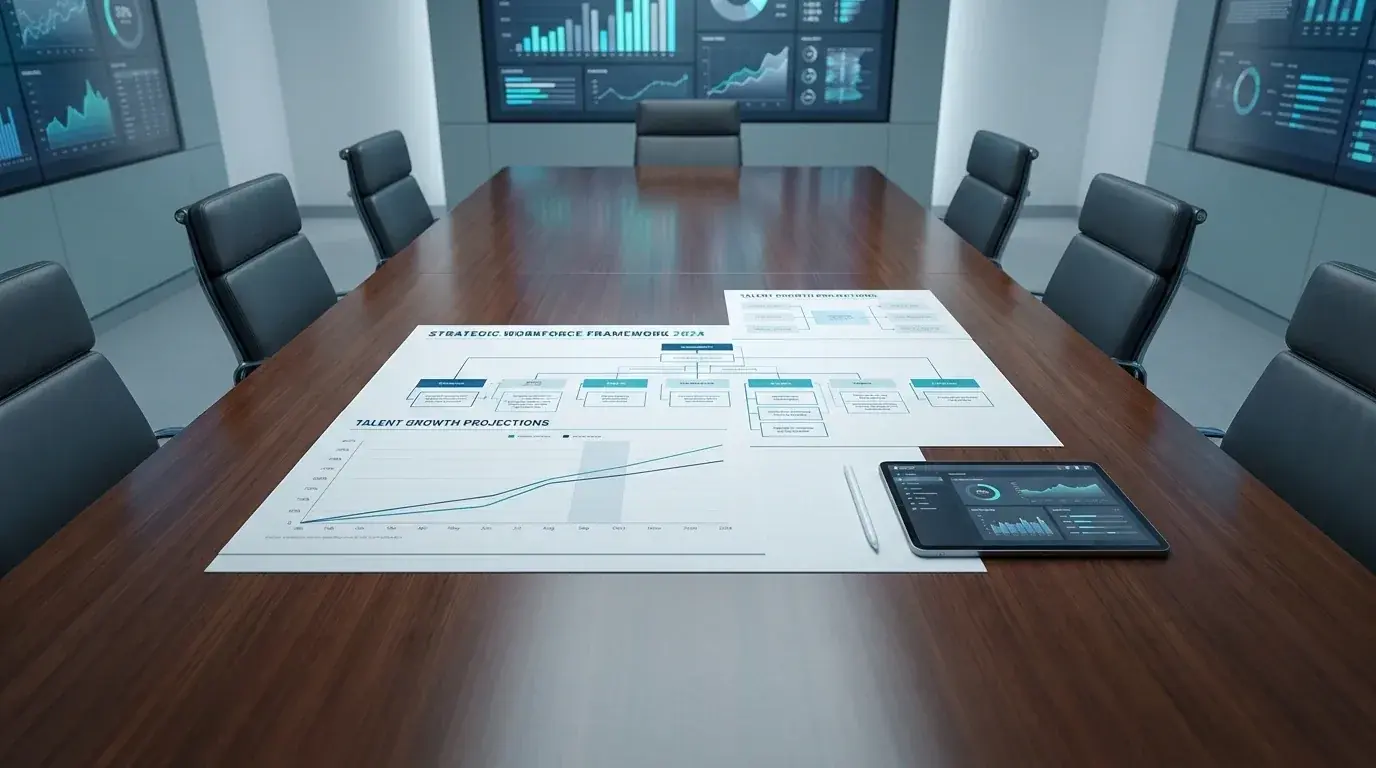 Executive team in a boardroom discussing workforce strategy