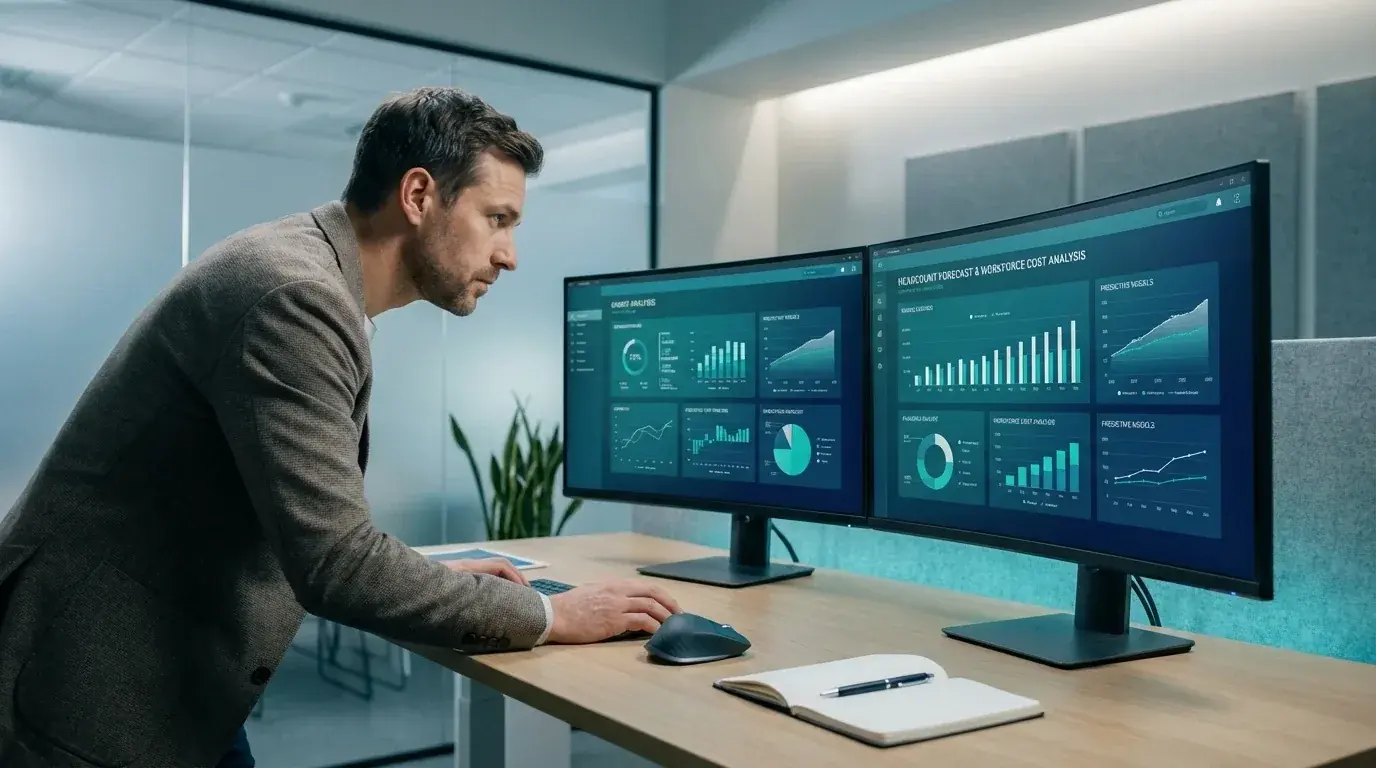FP&A analyst at a computer comparing a spreadsheet with a planning dashboard