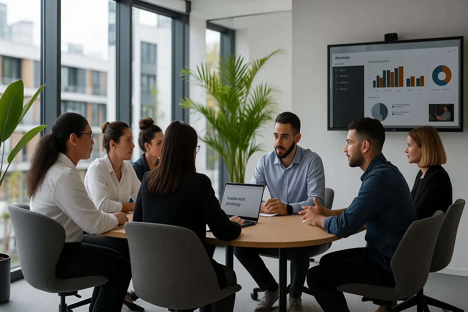 Team meeting around a conference table reviewing headcount plans
