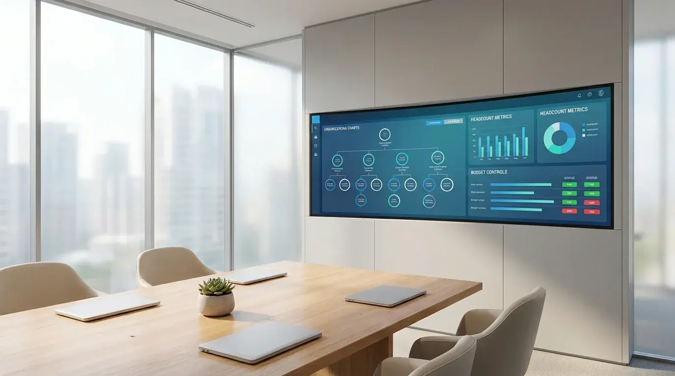 An office table in a meeting room with a TV mounted on the wall