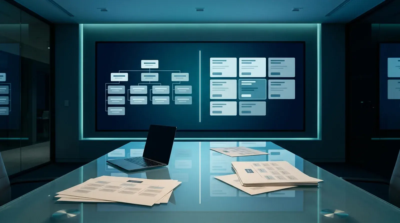 A conference room display split between an organizational chart of positions and a board of job requisition cards