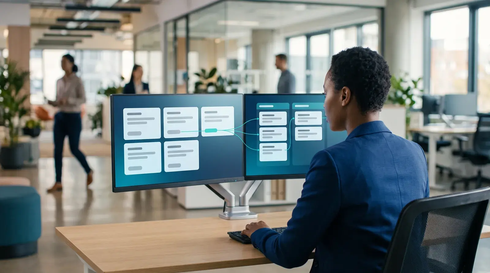 A recruiting operations specialist at a dual monitor desk watching job requisition cards flow from one system into a hiring pipeline