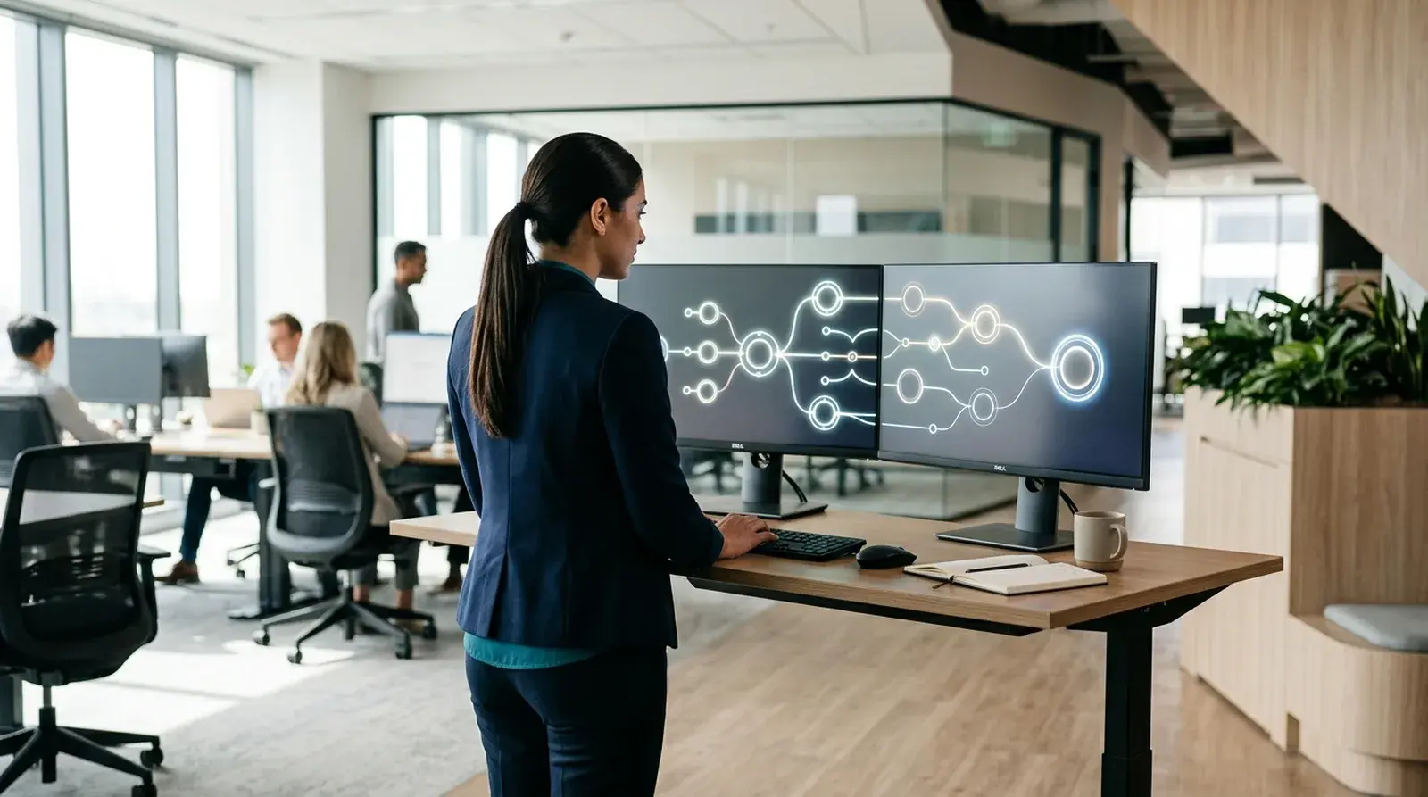 An HR operations lead at a standing desk reviewing a streamlined position workflow on two monitors