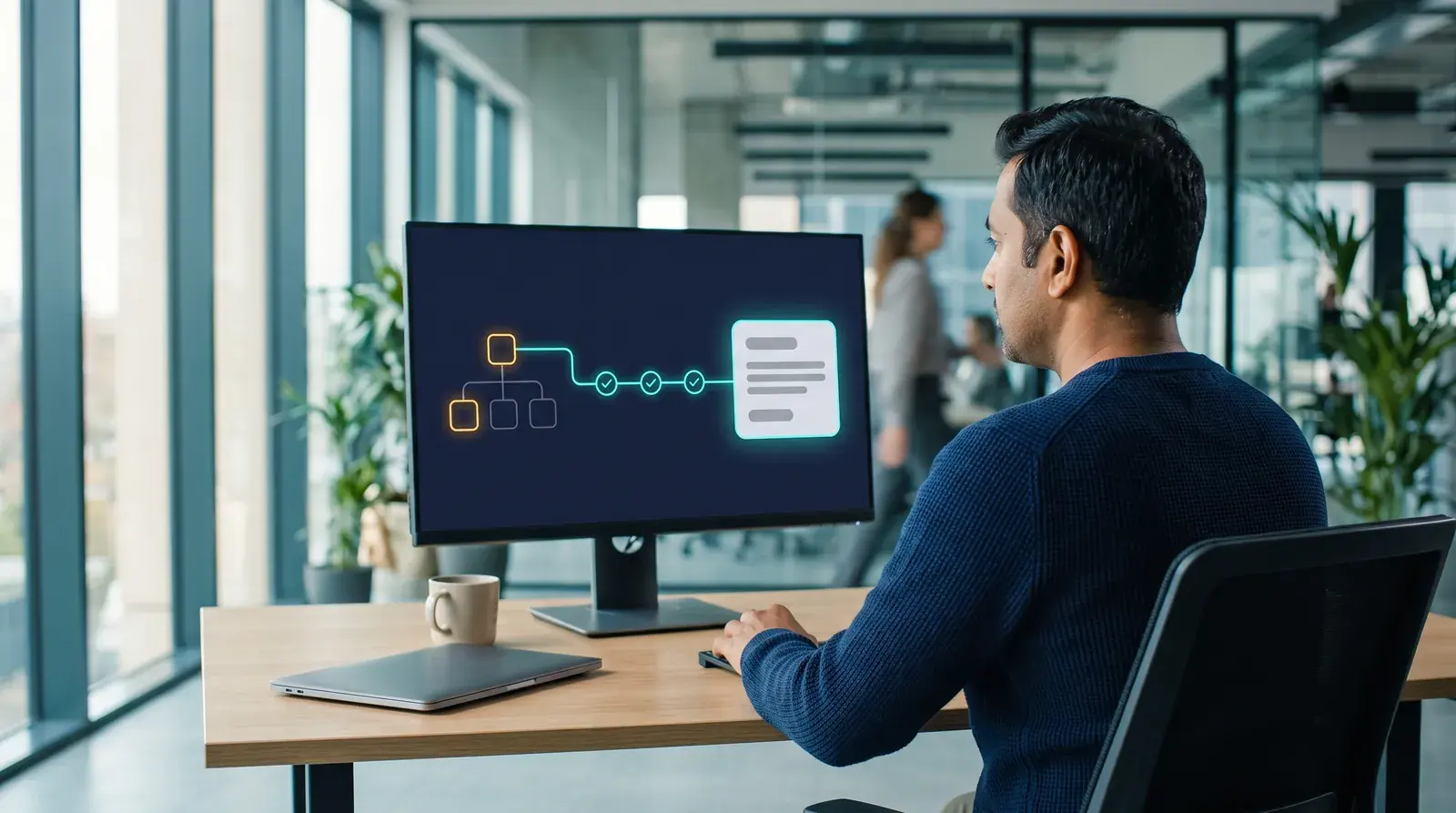 An HR operations manager reviewing a workflow on screen where a vacated org chart seat passes through three approval checks to become an open position
